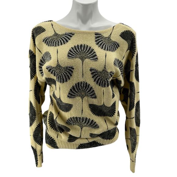 Magnolia Sweaters - Magnolia Vtg Women's Sweater SZ S Beaded Embellished Crane Bird Print Fan Yellow